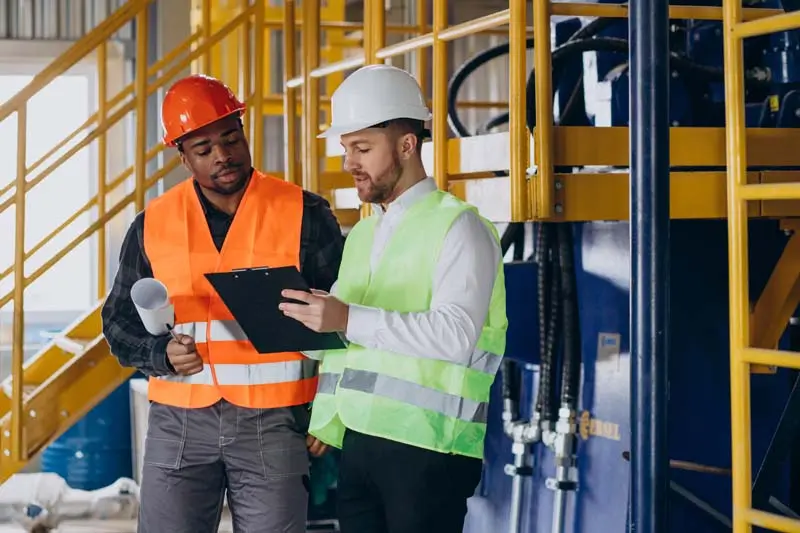 Inspector and african american worker in a factory